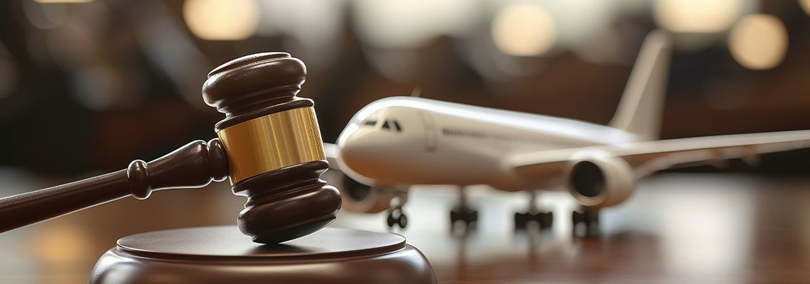 Modelo de avión junto a un mazo de juez y documentos legales que simbolizan el derecho aeronáutico 