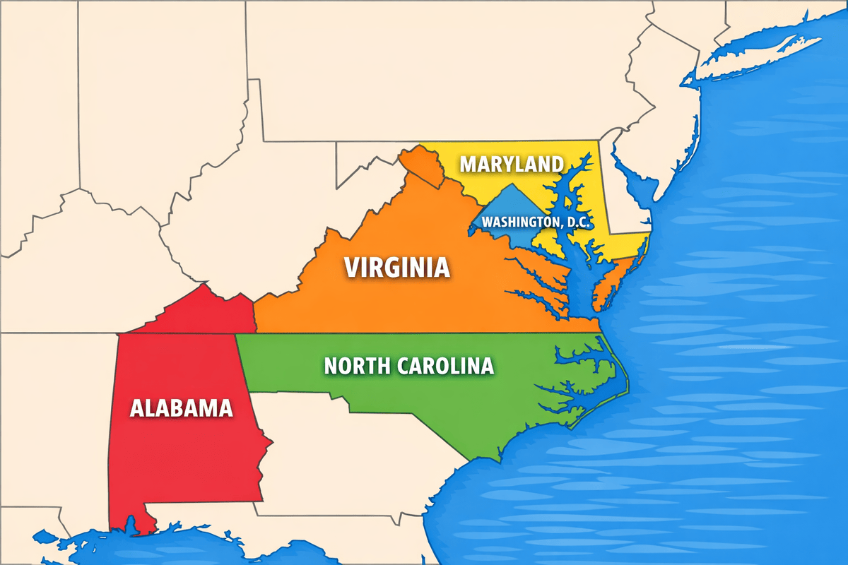 Mapa de jurisdicciones legales que incluye VA, MD, NC, AL y DC, ilustrando la experiencia legal específica del estado, las áreas de licencia y la defensa ante tribunales regionales