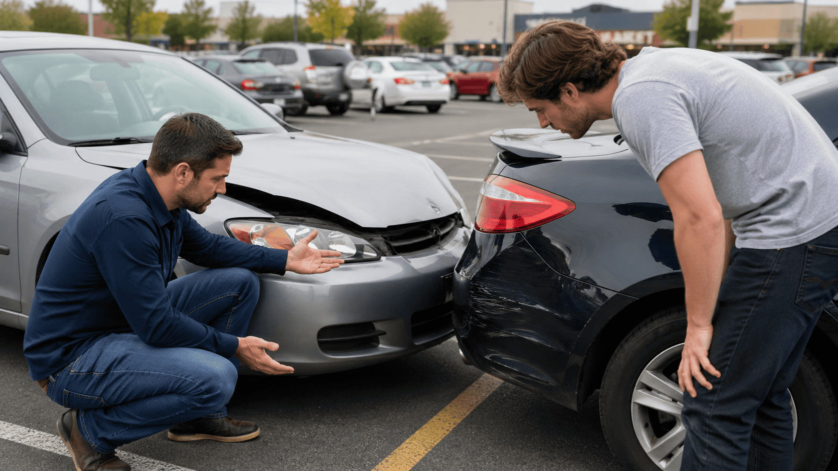 Dos conductores revisando los daños de sus vehículos después de un accidente leve en un estacionamiento concurrido